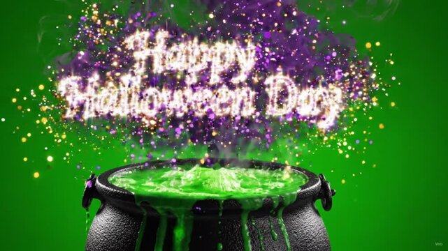 Happy Halloween Day text in Sparkling Glitter, Magic Witch Cauldron with Bubbling Green potion, Halloween Spooky Holiday greeting on Greem Screen Animation.