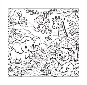 Jungle safari adventure scene featuring elephant giraffe monkey lion parrot coloring book page line art graphic.