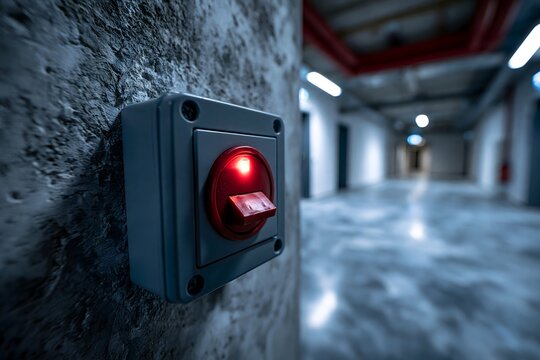 Roter Not-Aus-Schalter mit Warnleuchte in moderner Industriehalle