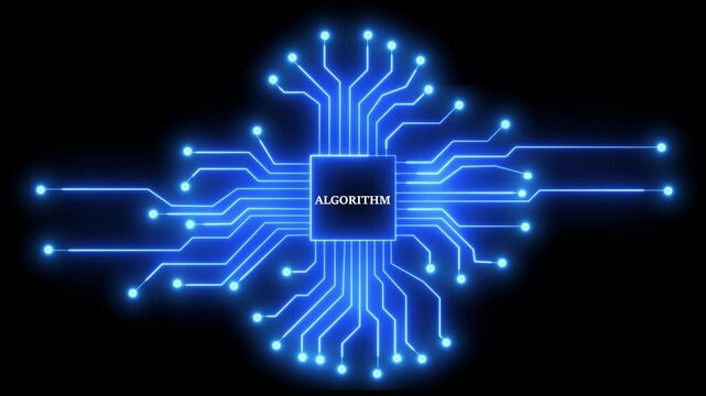 Digital circuit board processor showing the word algorithm glowing blue.