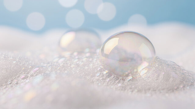 Close-up of iridescent soap bubbles and foam with bokeh background, ideal for beauty products, cleaning advertisements and spa promotions