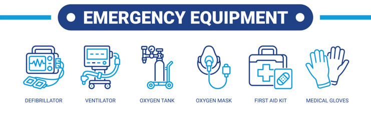 Fototapeta premium Emergency Equipment web banner icon vector illustration concept with icons of defibrillator, ventilator, oxygen tank, oxygen mask, first aid kit, and medical gloves. 