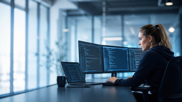 Female Software Engineer Coding on Multiple Monitors in Modern Office with Copy Space