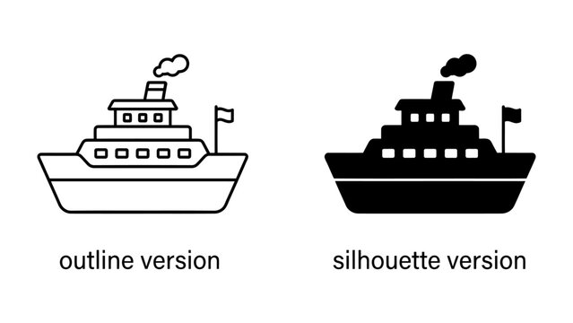 Steamship Icon Comparison: An outline and silhouette version of a steamship icon, showcasing its classic design with a smokestack and flag, ideal for navigational or travel graphics.
