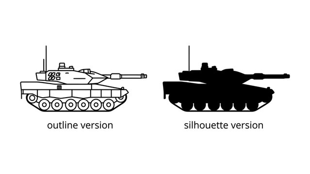 Tank Outline and Silhouette: A side-by-side comparison of a military tank, presented in both a detailed outline drawing and a stark black silhouette, showcasing its formidable design.