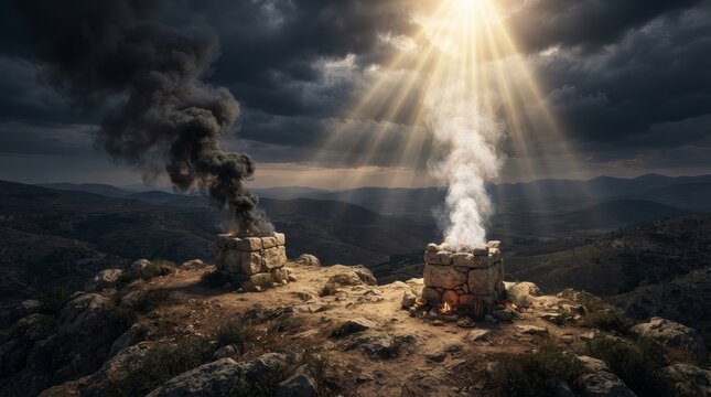 Sacred ritual with divine grace and a heavenly sign in an ancient scripture landscape.