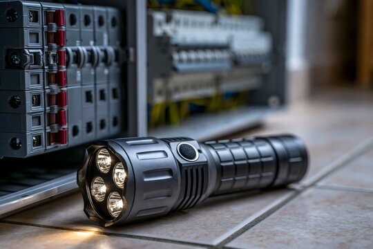 LED-Taschenlampe vor Sicherungskasten als Symbol f&uuml;r Stromausfall und Blackout