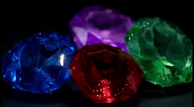 Vibrant faceted gemstones reflection on dark background luxury jewelry display with deep rich colors
