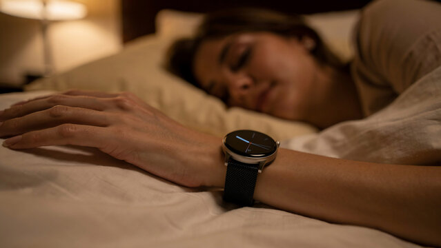 Close-up of woman sleeping wearing a smartwatch on wrist, soft focus, warm lighting, concept for sleep tracking, health monitoring and wellness apps
