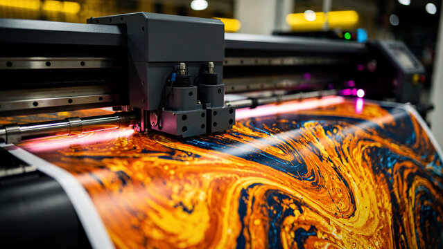 Close-up on industrial printer cutting a vibrant, abstract orange and blue pattern on glossy paper, ideal for graphic design, advertising and manufacturing concepts