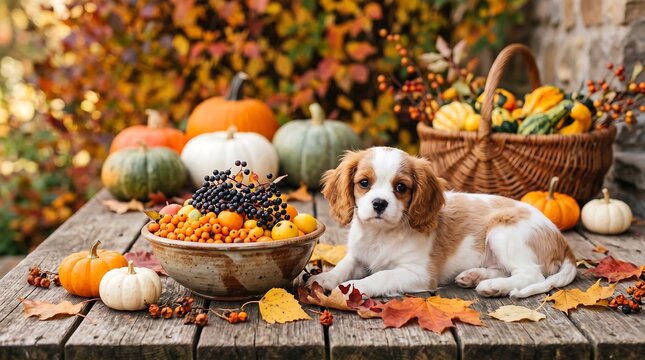 Happy thanksgiving day adorable cavalier king charles spaniel puppy with autumn harvest decorations
