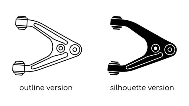 Control Arm Outline and Silhouette: Two distinct representations of a car's control arm, one in clear outline and the other in solid silhouette, showcasing automotive component design.