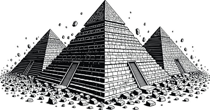 Pyramid Icon with Detailed Brick Texture and Decorative Patterns, Surrounded by Falling Stones and Dynamic Particles