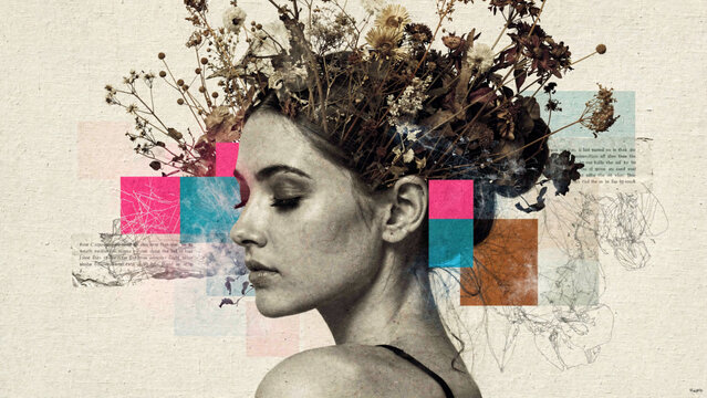 Collage portrait of a serene woman adorned with dried flowers and abstract shapes, ideal for lifestyle blogs, artistic concept art and beauty advertisements