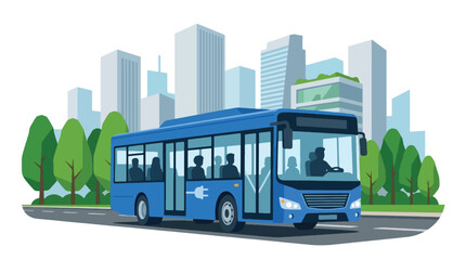 Flat style vector illustration of a modern electric city bus operating on an urban street. Perfect for public transportation campaigns, sustainable mobility, smart cities and green transit © Amie