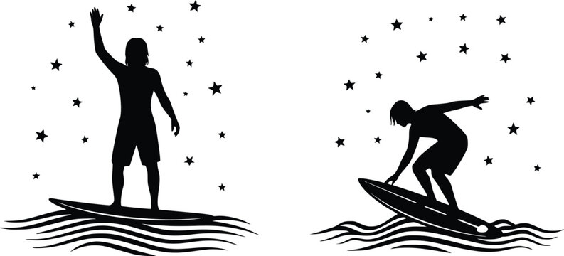 Skateboarder and Surfer Silhouette Icon Set with Stars, Waves, and Night Sky Pattern for Lifestyle Design and Sports Branding