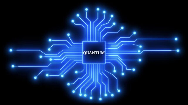 Quantum computing concept animation with glowing blue circuit board and pulsing central processor on black background.