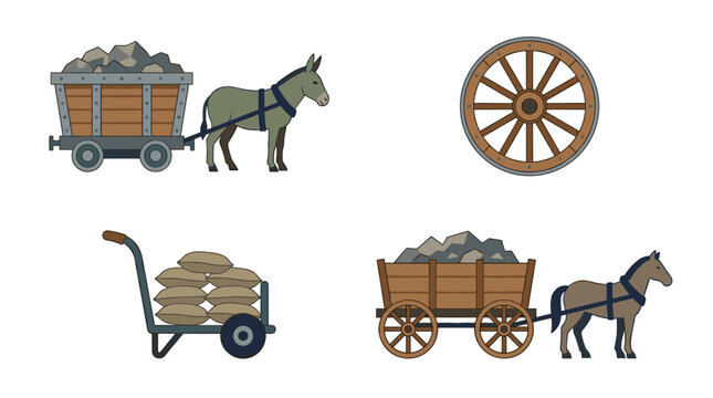 Collection of flat color pixel art icons depicting historic mining equipment and transport, including a mule-drawn ore cart, a wooden wagon wheel, a hand cart with sacks, and a horse-drawn ore wagon