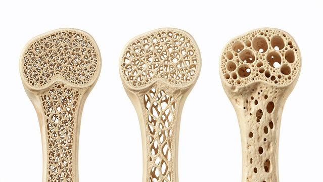 Cross-section of healthy and osteoporotic bone tissue, detailed 3D render showing trabecular bone structure, concept for medical education, bone health awareness and osteoporosis research