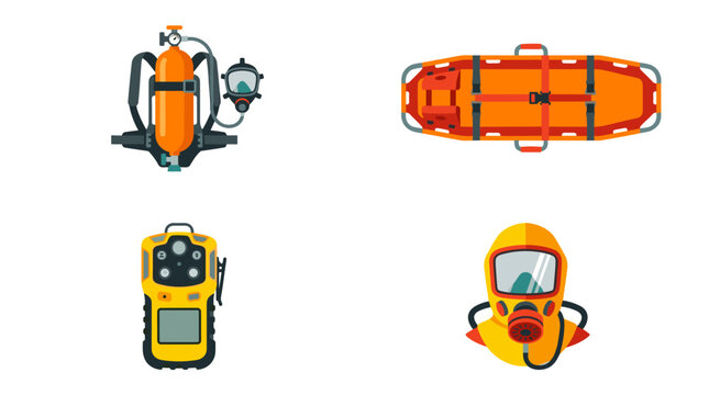 Collection of four flat color mine rescue equipment icons in a 2x2 grid, including oxygen tank, stretcher, gas detector, and emergency mask