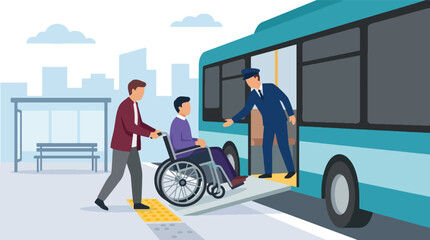 Flat style vector illustration of an accessible city bus assisting a wheelchair passenger with a boarding ramp. Perfect for public transportation awareness, inclusive mobility, accessibility services © Amie