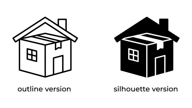 House Shipping Icons: Two stylized icons representing a house formed from a shipping box, one in outline and the other in silhouette, symbolizing moving or delivery services.