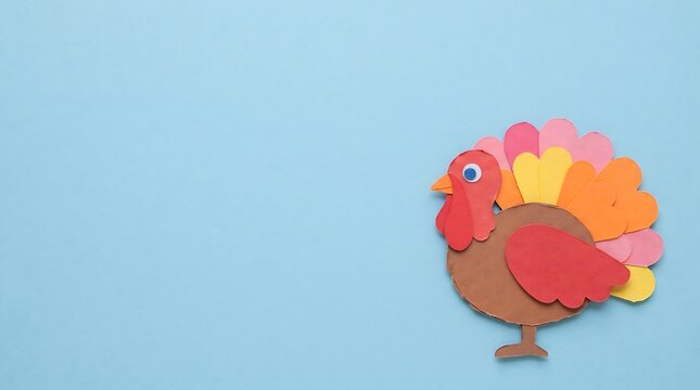 Happy thanksgiving day colorful paper craft turkey on light blue background festive autumn design