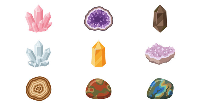 Collection of nine flat color pixel art icons representing various mineral crystals and rock specimens, arranged in a 3x3 grid, including rose quartz, amethyst geode, smoky quartz, clear quartz