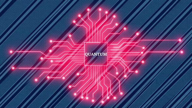 Quantum processor animation with glowing red circuit lines on blue textured background motion graphics.