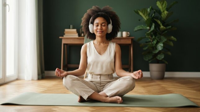 Young woman practicing meditation while wearing headphones on a yoga mat at home.