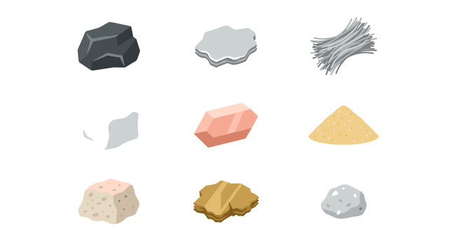 Collection of nine flat color vector icons representing industrial minerals, including graphite, mica, asbestos, kaolin clay, feldspar, and quartz sand, arranged in a 3x3 grid