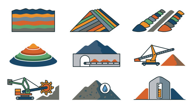 Collection of nine flat color vector icons representing different mining and ore blending methods including stockpile layers, cone, chevron, windrow, and loader icons