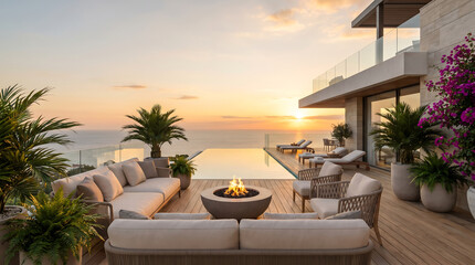Fototapeta premium Seaside luxury patio with modern furniture enjoys a warm fire pit during sunset.
