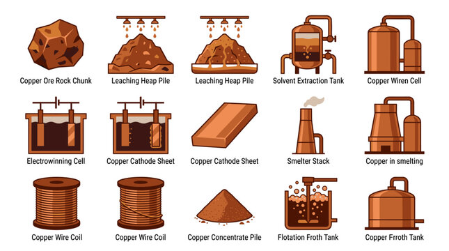 Copper mining and processing icon set flat design, including ore, leaching, extraction, electrowinning, and refining steps, simple vector graphics