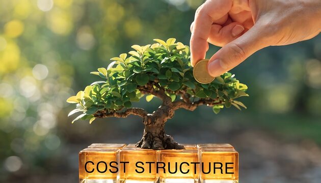 Hand placing miniature tree on cost structure block. Business growth concept with financial planning and sustainability investment model.