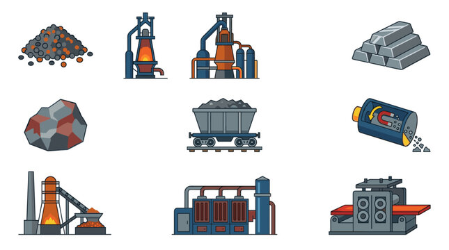 Flat color vector icons for iron mining and steel production process, featuring ore piles, blast furnace, steel ingots, taconite chunks, train cars, and industrial machinery, perfect for