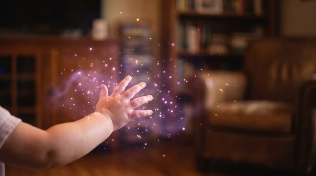 Infant Hand Reaching for Glowing Purple Magic Sparkles in Home Living Room for Childhood Wonder and Storytelling