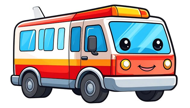 Colorful vintage school bus with smiling face illustration.