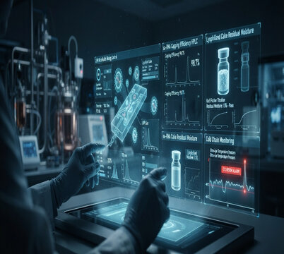 Hands manipulate holographic AI mRNA lipid nanoparticle mixing interface
