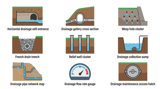Mining drainage systems icons, collection of 9 flat color vector illustrations showing adits, galleries, weep holes, French drains, and pumps, construction and civil engineering symbols