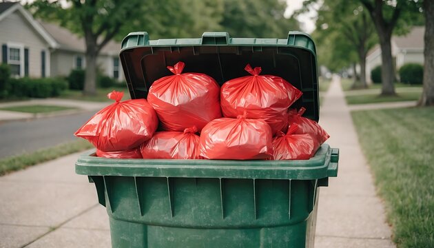 Green trash bin filled with red garbage bags. Waste collection container on a suburban street.
