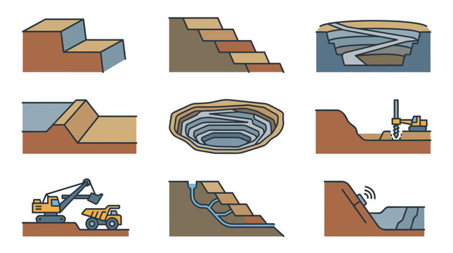 Set of flat color pixel art mining pit icons, showing excavation benches, terraces, haul ramps, and safety berms in a 2x2 grid