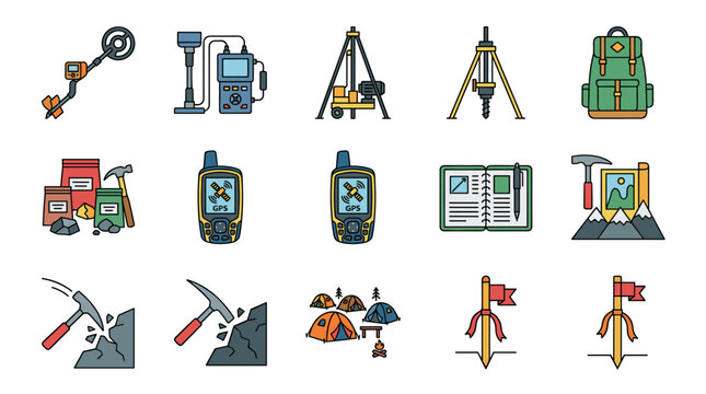 Set of flat color vector icons for mining exploration and prospecting, 3x3 grid with metal detector, magnetometer, drill, sample bag, GPS, pickaxe, and flags