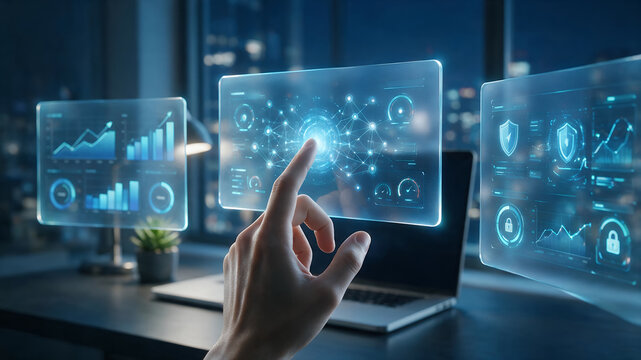 hand pushing a button on the touch screen interface. digital background