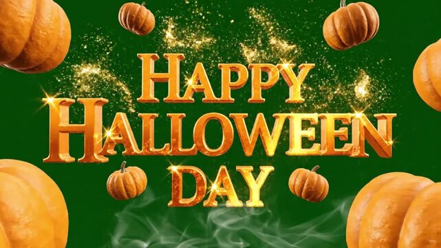 Happy Halloween Day Background with Pumpkins, Green Glitter Sparkle and Festive Typography, Festive Autumn Pumpkins On Green Background, Luxury Holiday greeting With Magic Sparkles Animation.