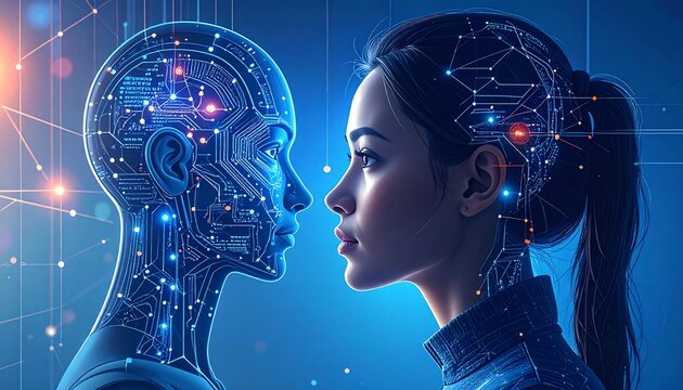 Woman Facing AI Robot Head.