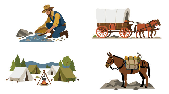 Set of four flat color vector icons depicting gold rush era scenes, prospector panning for gold, covered wagon, tent camp with campfire, and pack mule