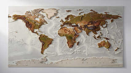 Detailed 3D topographic world map with textured continents and ocean floor, ideal for travel planning, global business and educational resources © Miftakhul