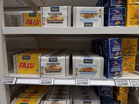 Mallorca, spain, july 09, 2026, wasa crispbread packages on grocery store shelf with leksands knackebrod, a swedish food product display