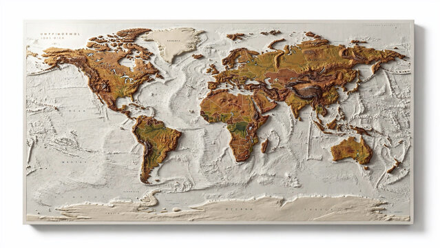 Detailed 3D topographic world map artwork, showcasing raised continents and ocean floor topography, ideal for travel agencies, educational materials and interior decor